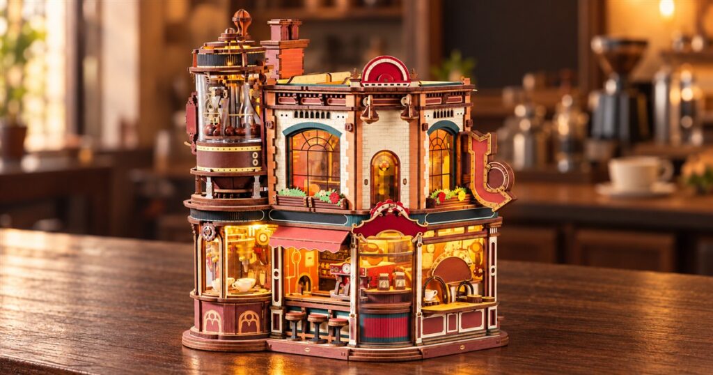 Mechanical wooden coffee factory model with warm illuminated windows