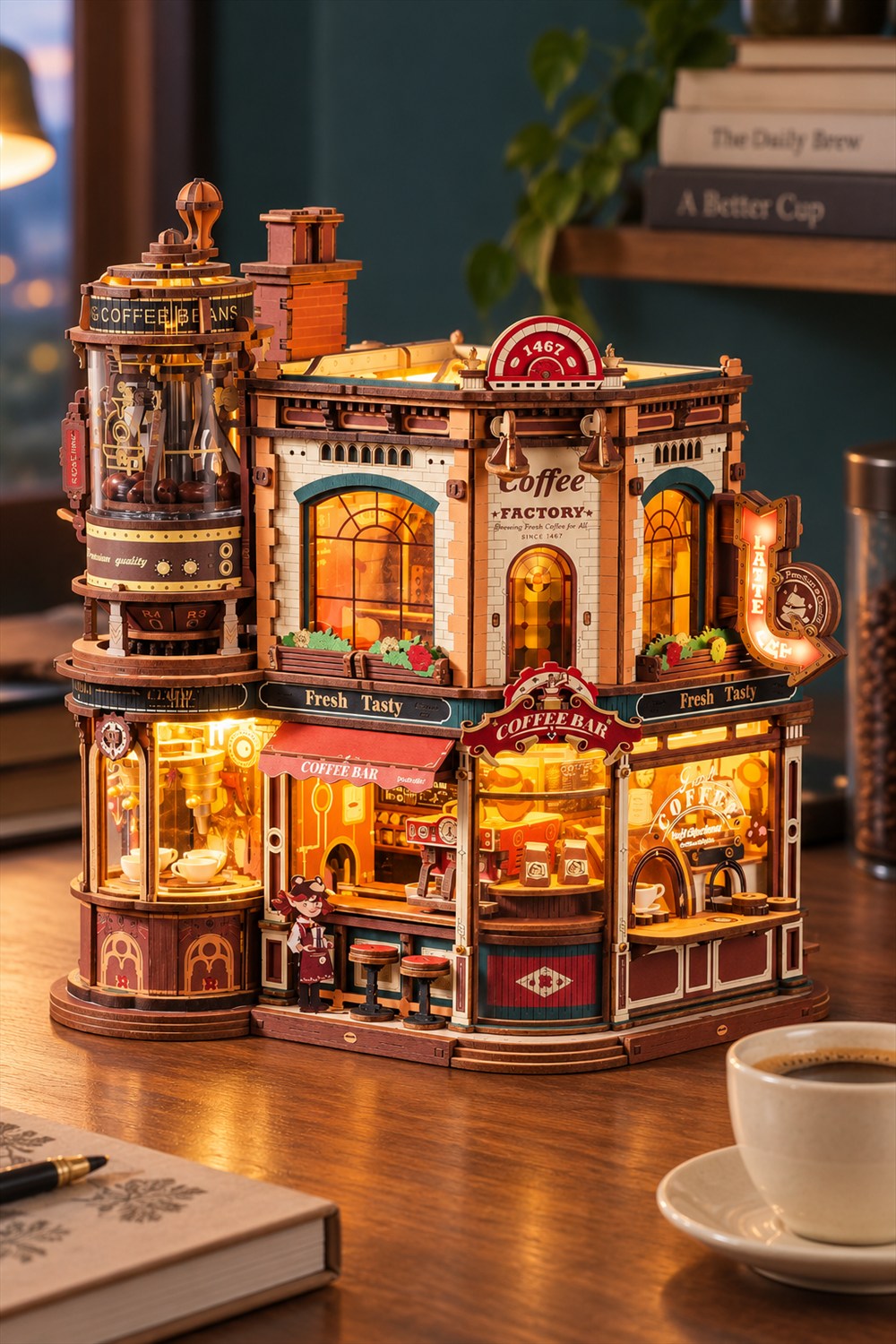 Illuminated wooden Dream Coffee Factory model with a transparent left tower, arched windows and miniature cafe counters on a walnut desk beside a coffee cup.