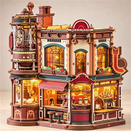 Miniature wooden coffee factory building kit