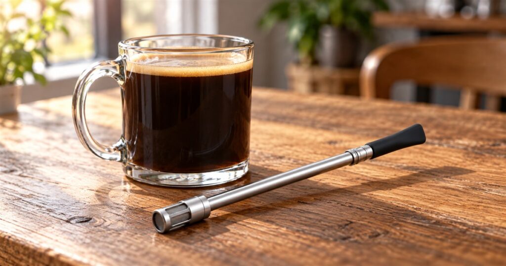 Stainless steel coffee brewing straw with a mesh filter displayed beside a glass coffee mug