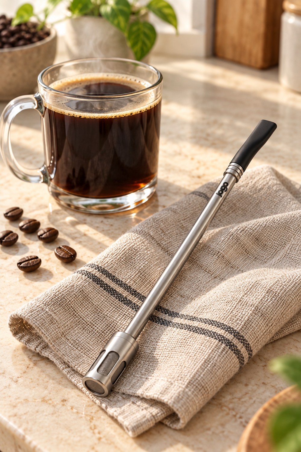 JoGo stainless steel brewing straw with a black silicone tip and cylindrical mesh filter resting on a linen napkin beside a glass mug of coffee.