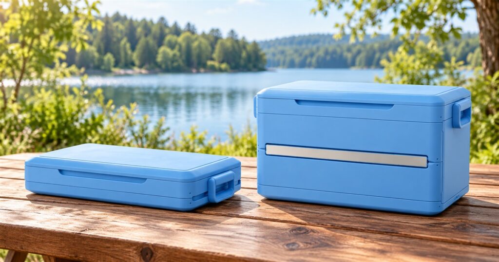 Blue collapsible hard cooler with rigid folding side panels