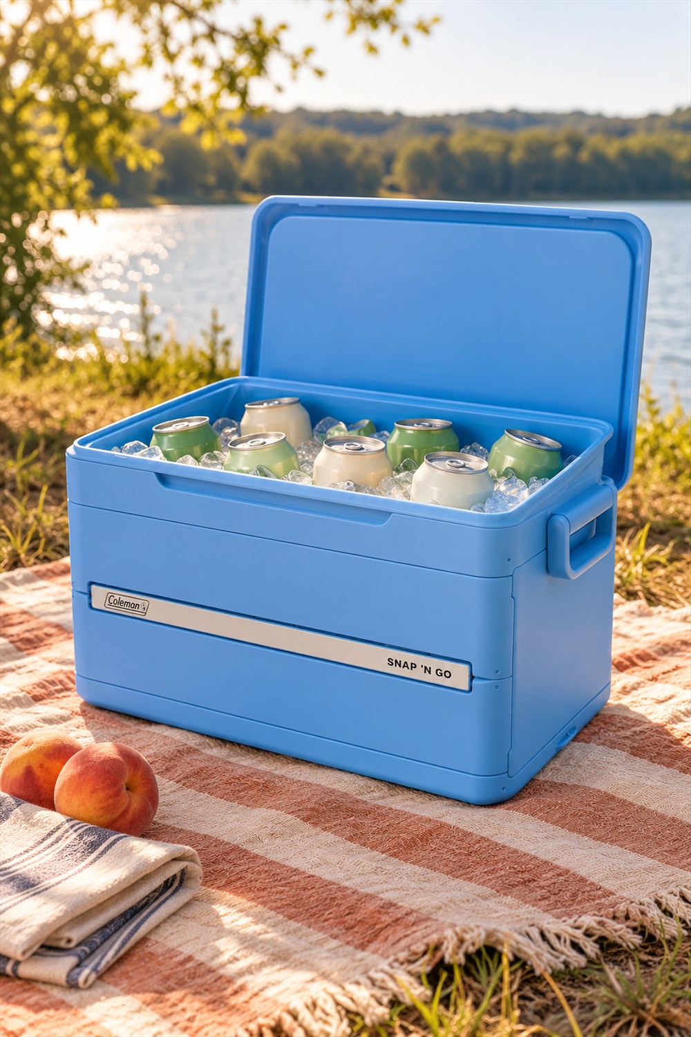 Blue Coleman collapsible hard cooler open with ice and beverage cans on a striped picnic blanket beside a lake.