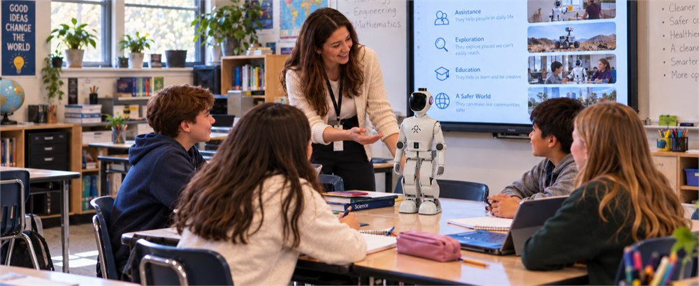 Manufacturer illustration of a classroom robot demonstration