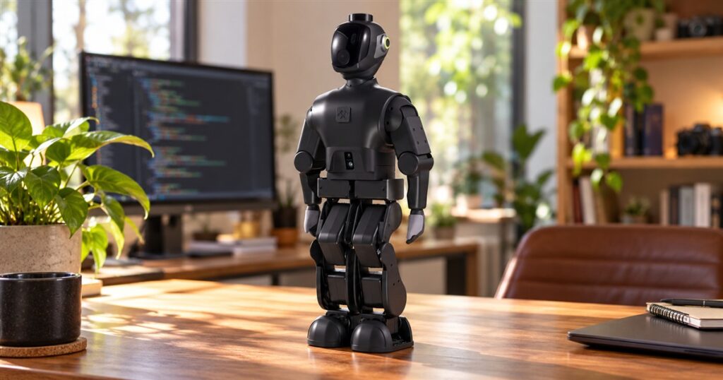 Compact black FF Nova humanoid robot on a desk