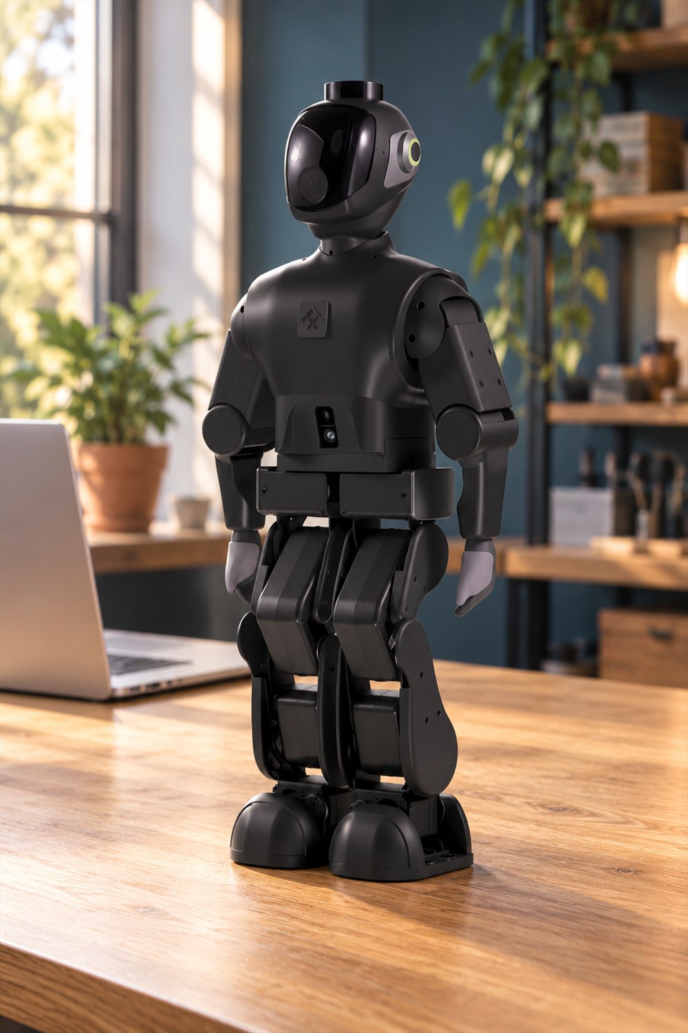 AI-generated view of the black FF Nova humanoid robot standing on an oak workbench beside a laptop, with articulated limbs, broad feet and a dark rounded face panel.