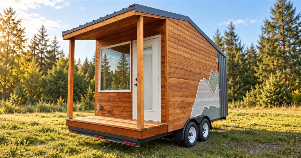 The Traveler compact tiny house in a grassy clearing