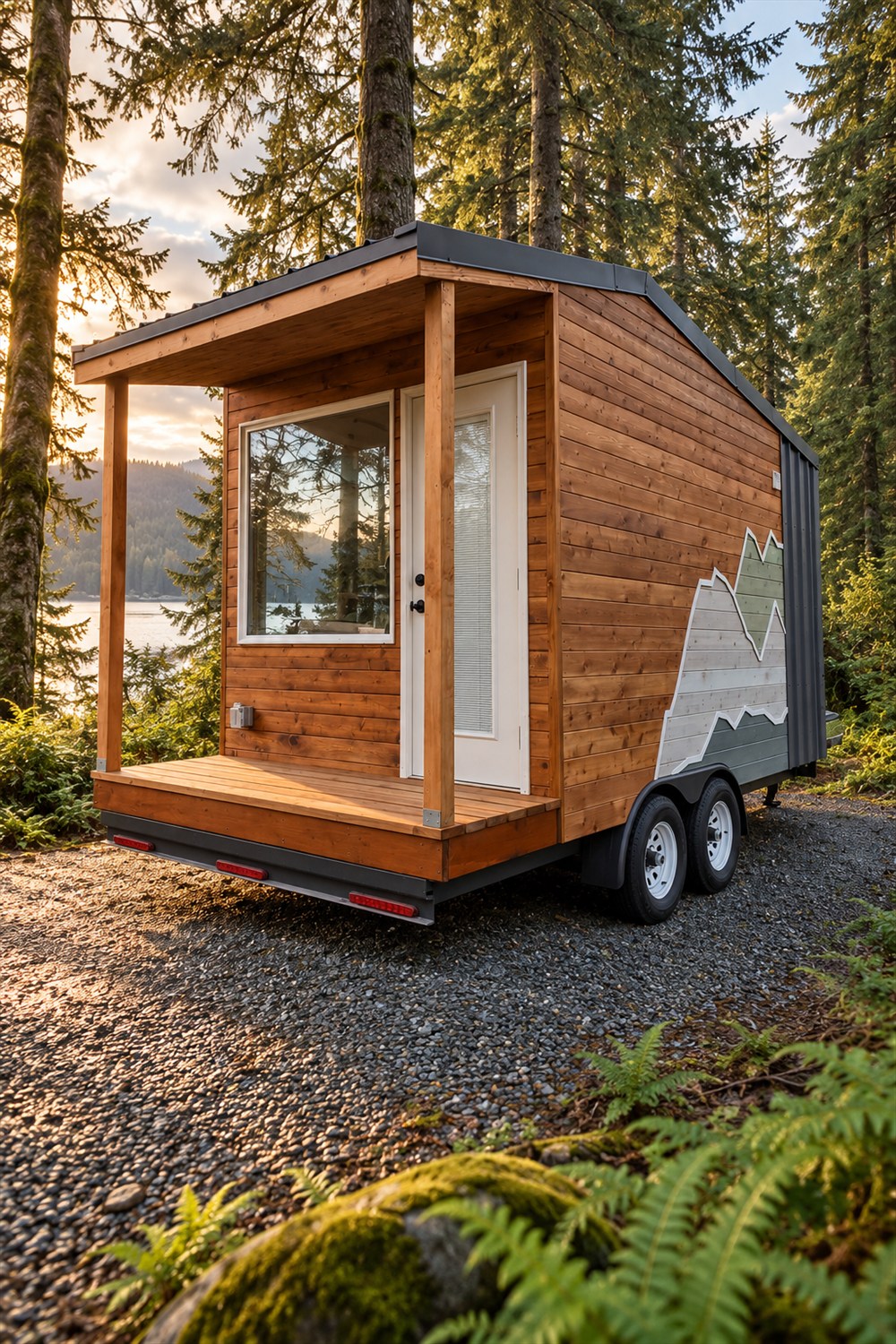 AI-generated lifestyle photograph of the Traveler compact tiny house with cedar siding, a covered porch, mountain mural and tandem wheels beside a wooded lake.