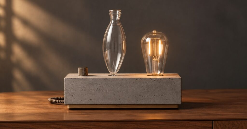 Concrete fragrance diffuser with glowing Edison bulb on a wood surface
