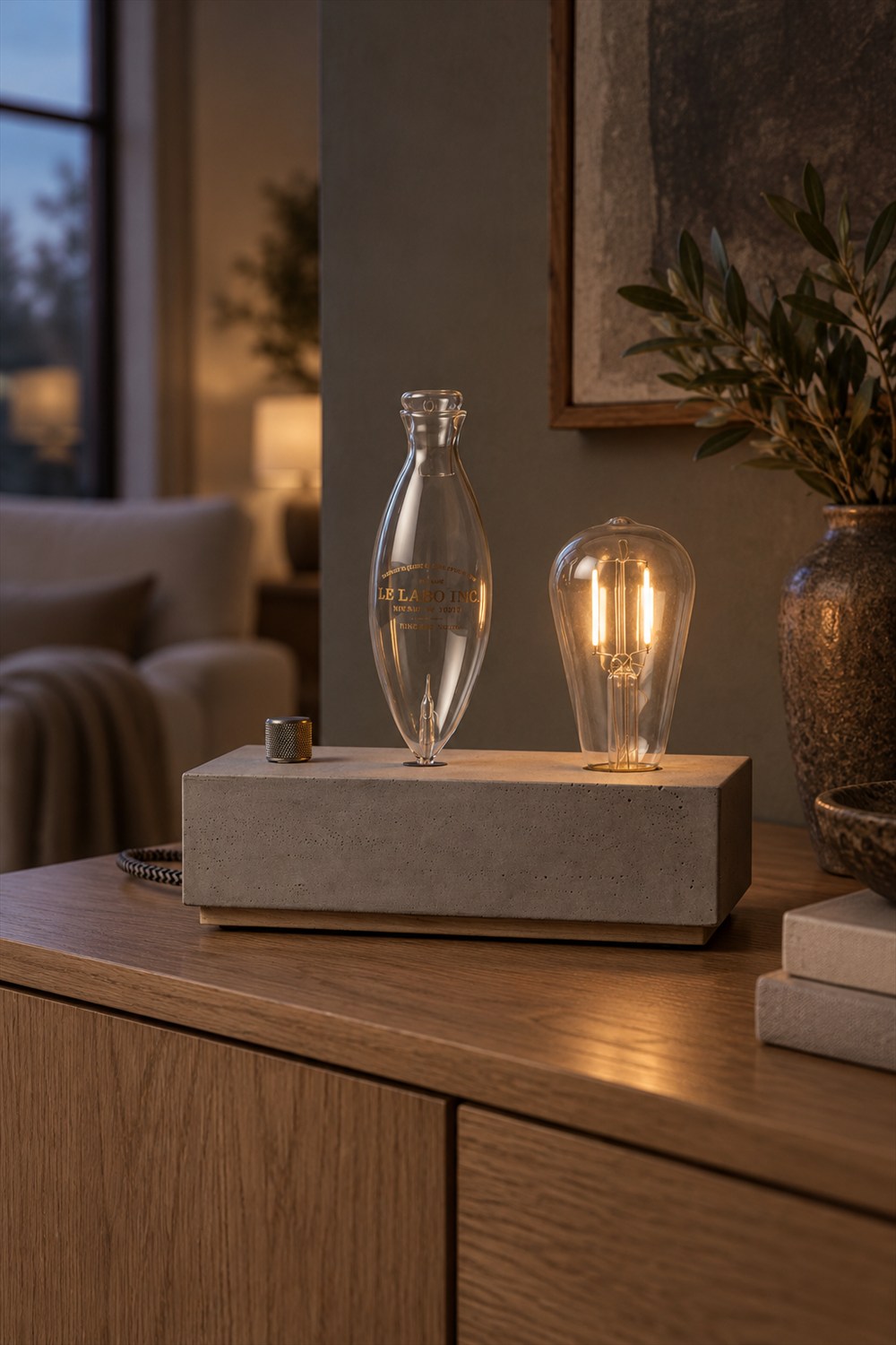 Concrete fragrance diffuser with a tall clear glass vessel, metal control knob and glowing Edison bulb on an oak sideboard in a softly lit living room.