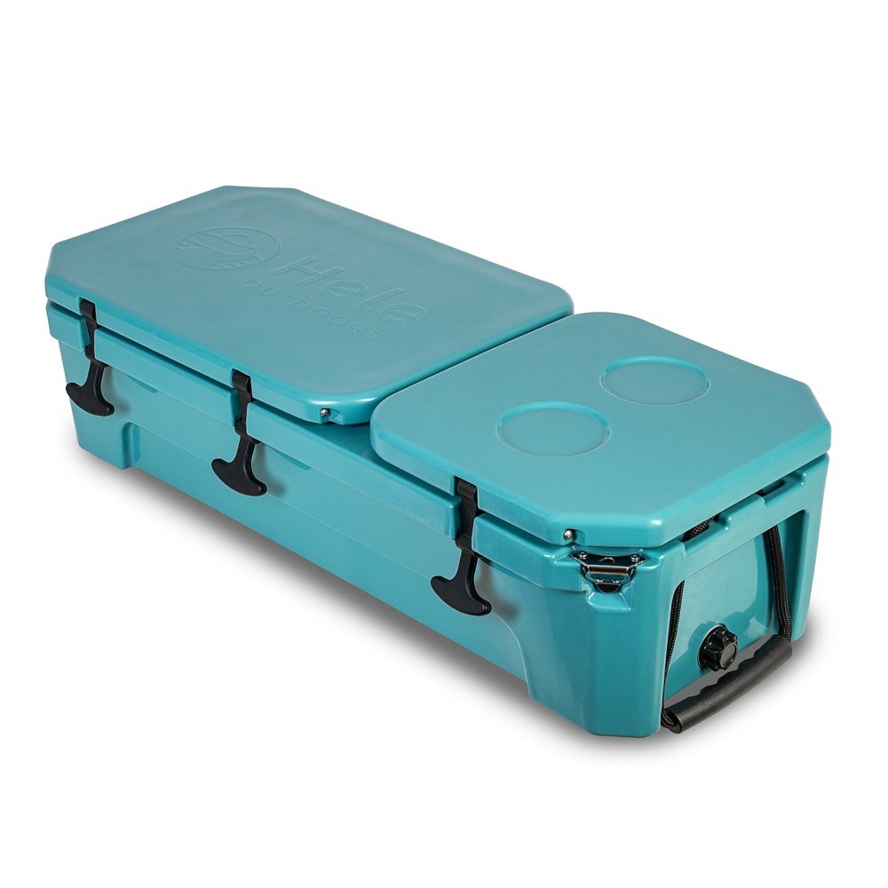 Closed teal Hele Ice Box with split lids, cup holders and carrying handle