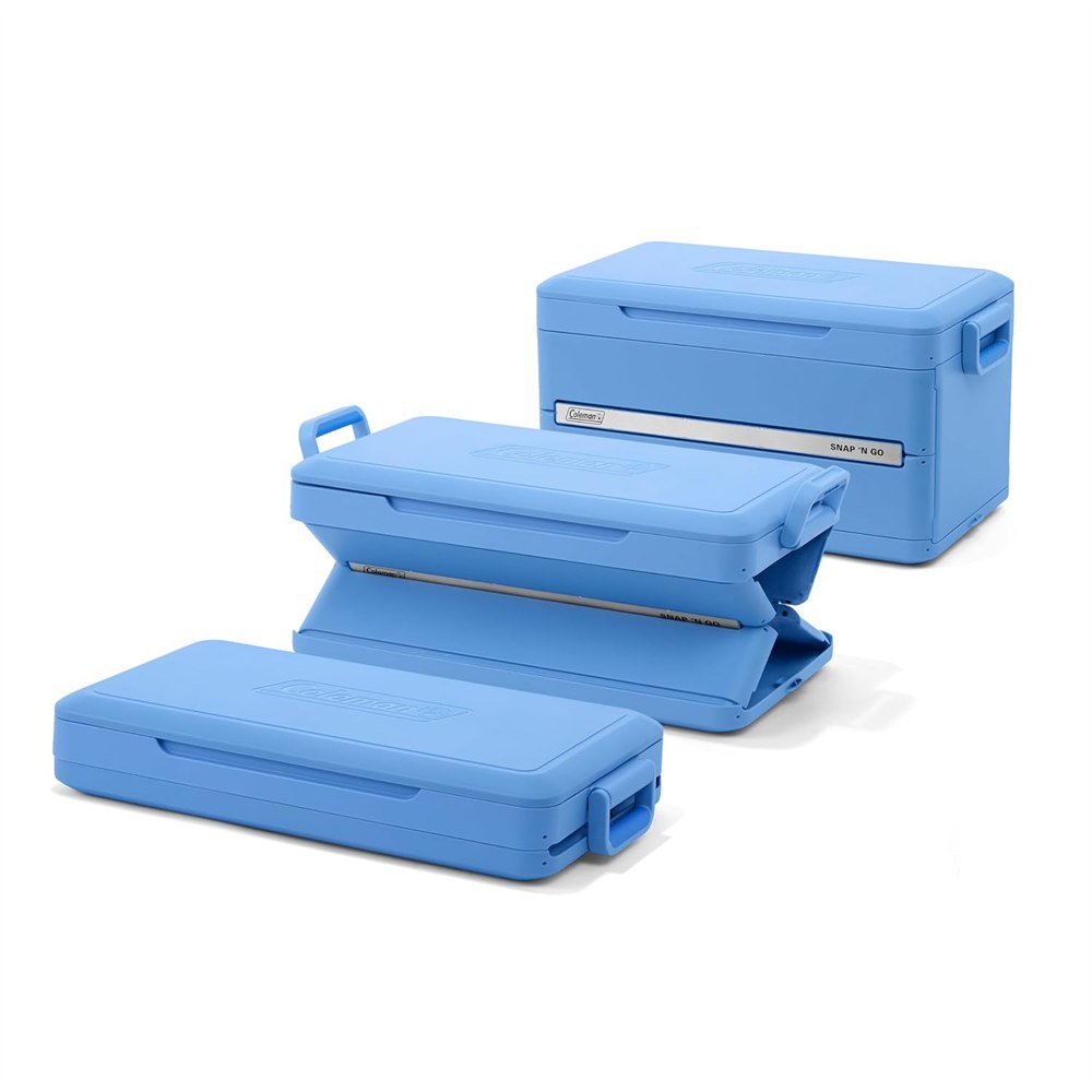 Seller illustration of the rigid cooler upright, partly folded and fully collapsed