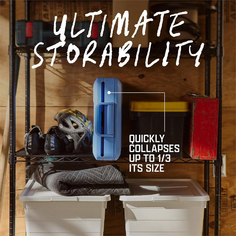 Collapsed blue cooler stored upright on a garage shelf