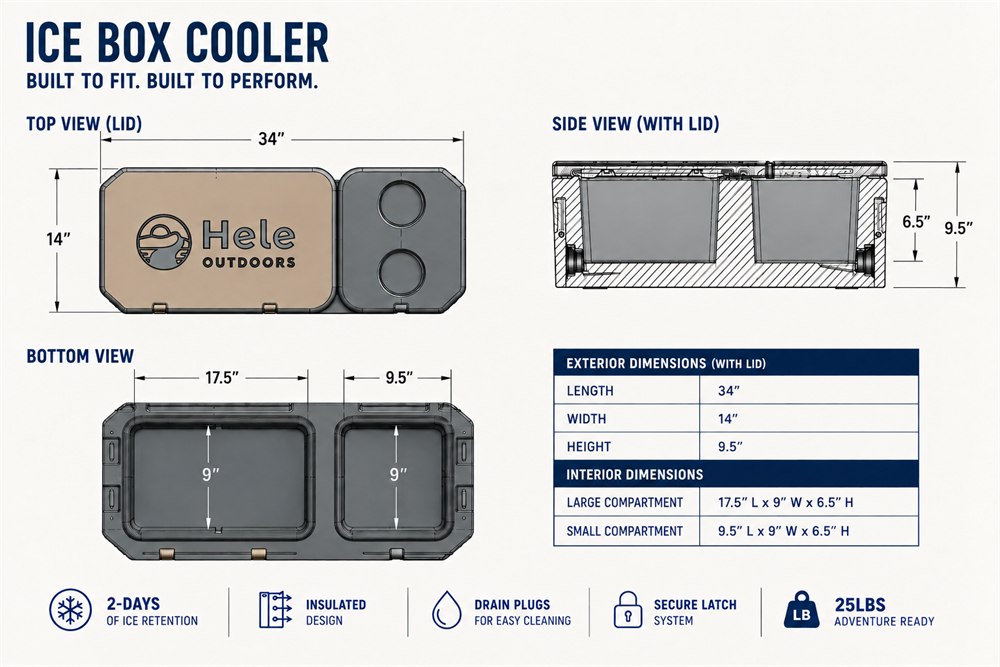 Hele Ice Box manufacturer diagram showing exterior and interior measurements