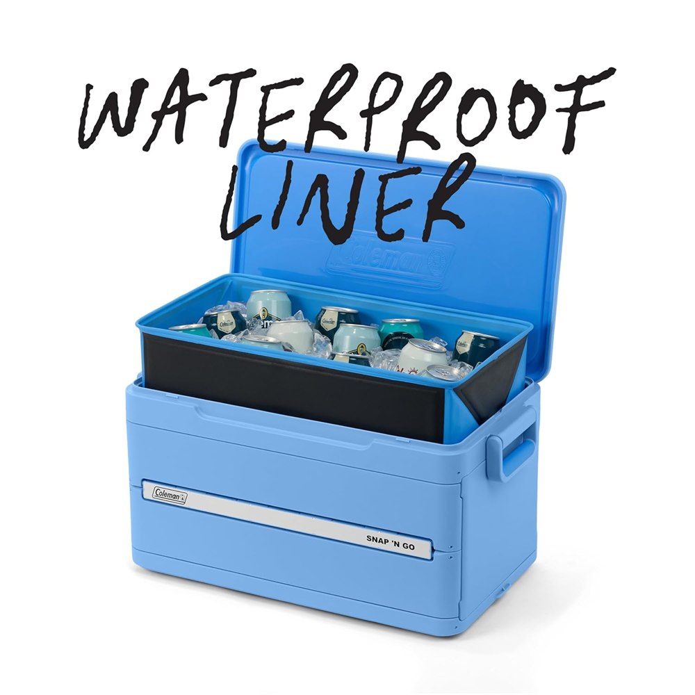 Blue cooler open with the waterproof liner lifted out