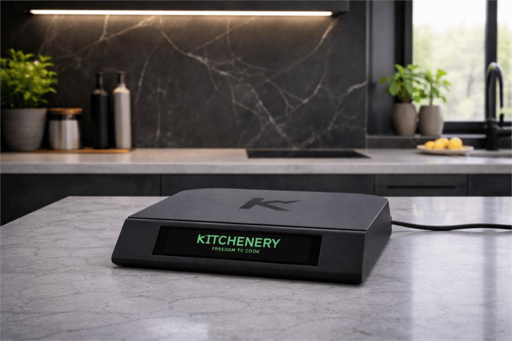 Quantum Energy Pad connected to household power on a kitchen island
