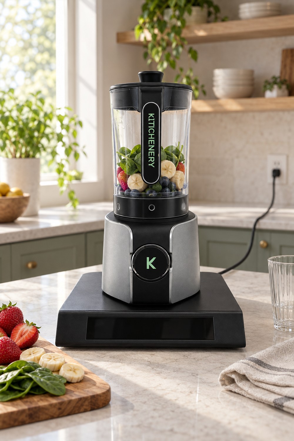 Kitchenery blender holding fruit and spinach on a black Quantum Energy Pad connected to a wall outlet in a sunlit kitchen.
