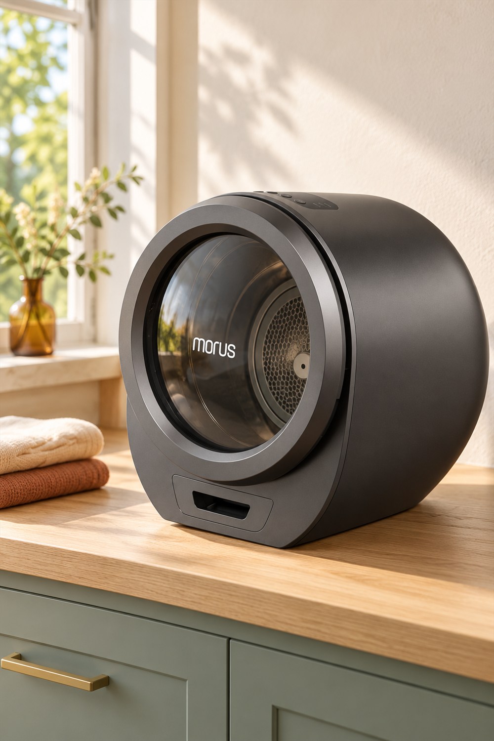 AI-generated lifestyle image of a dark gray Morus Zero countertop clothes dryer on an oak counter beside folded garments and a sunlit window.