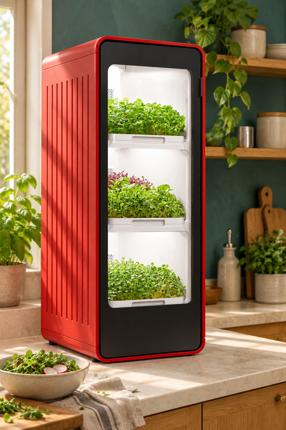 AI visualization of a red Home Harvest three-tray growing cabinet filled with microgreens on a sunlit kitchen counter beside a small salad bowl.