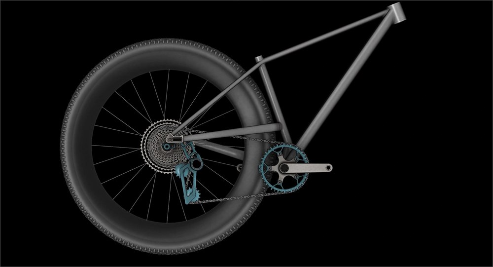 Elevated chainstay frame and Orient drivetrain side view - manufacturer visualization
