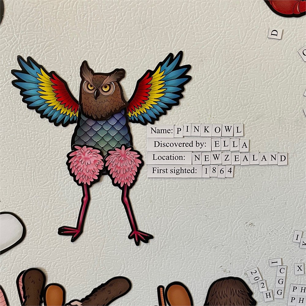 Owl-headed creature with colorful wings and flamingo legs