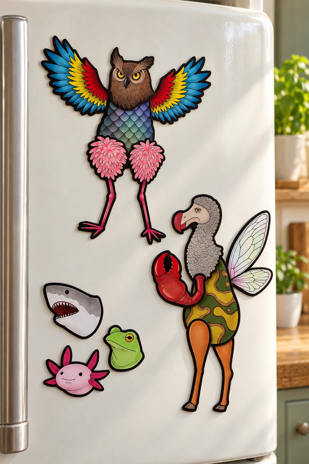 AI-generated lifestyle photograph of flat Cryptid Construction Kit magnets forming owl-headed and dodo-headed creatures on a white refrigerator, with three spare animal heads nearby.