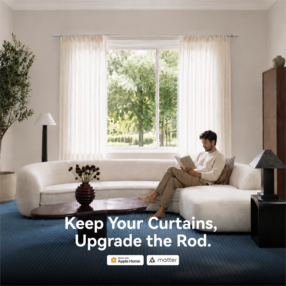Remac smart curtain rod in a living room