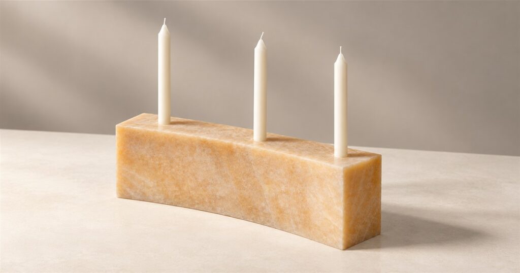 Honey Onyx curved stone holder with three white candles