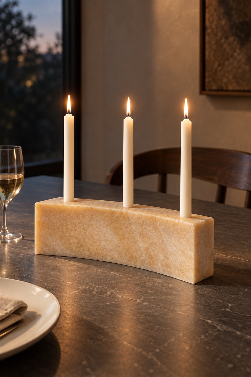 Curved honey onyx candleholder holding three lit ivory dinner candles on a dark stone dining table beside a plate and glass.