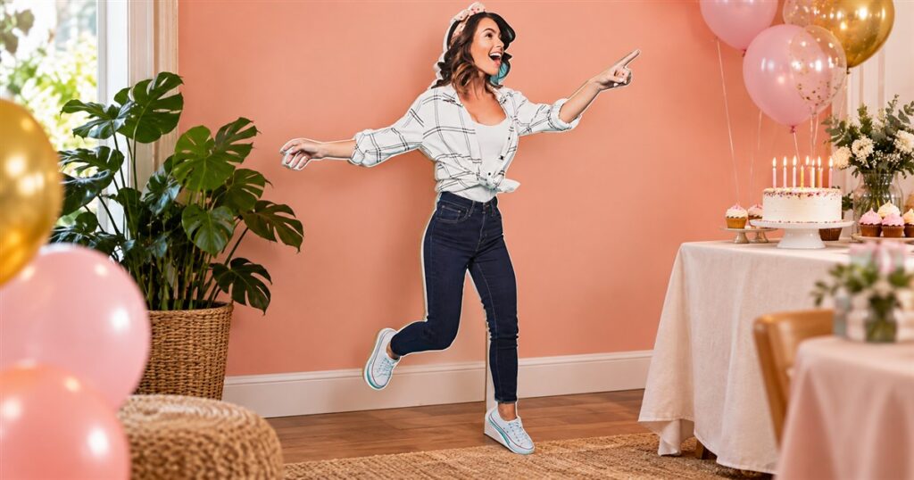Illustration of a personalized life-size photo cutout at a birthday party