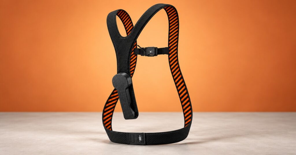 Black and orange cycling airbag system in a studio product illustration