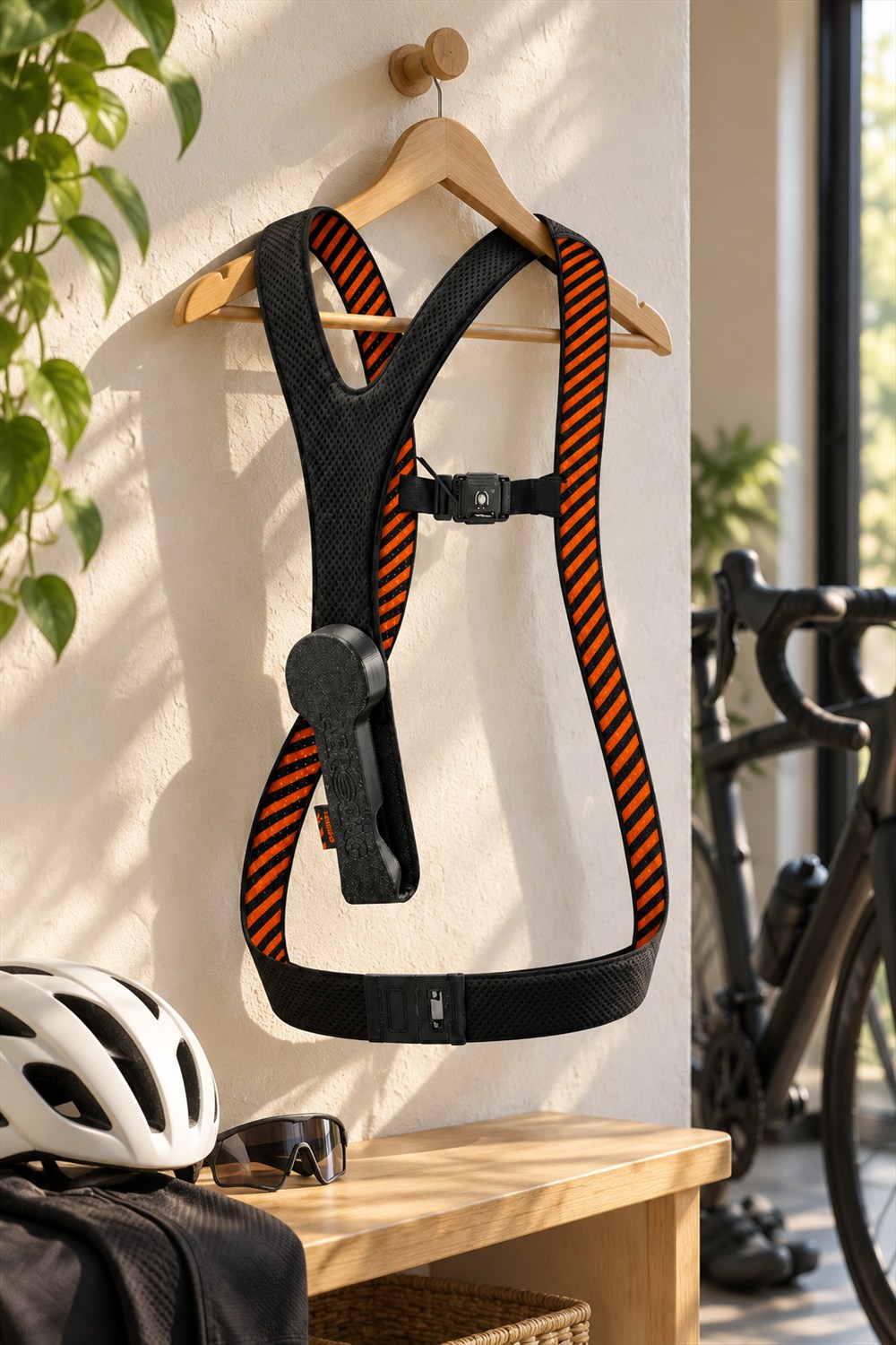 Black Aerobag cycling airbag harness with orange striped lining hanging above a wooden bench beside a bicycle and helmet.
