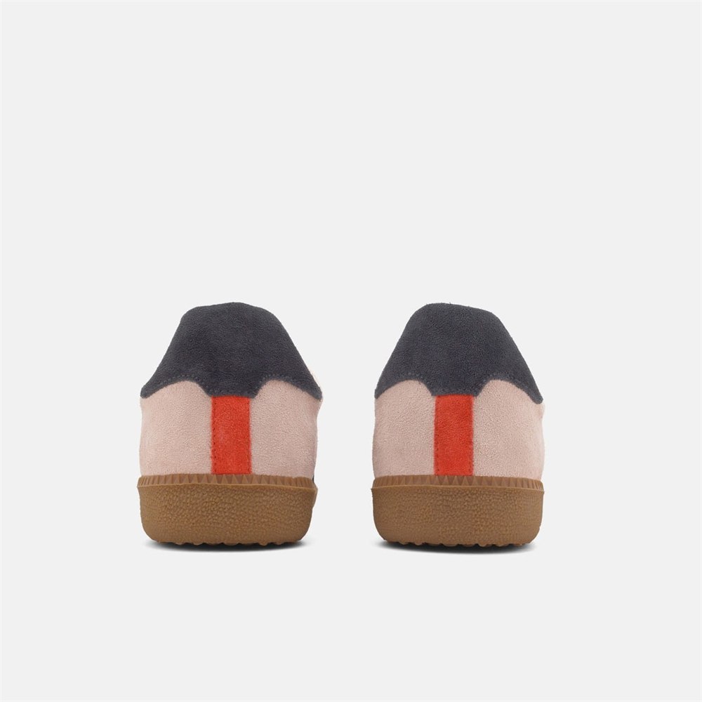 Rear view showing pink heel panels and orange strips