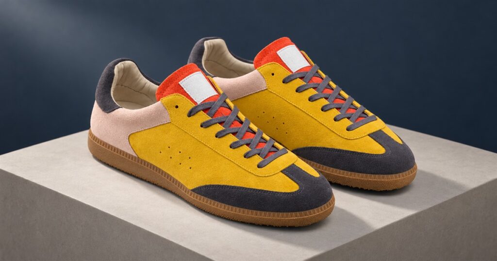 Editorial visualization of yellow suede data visualization sneakers