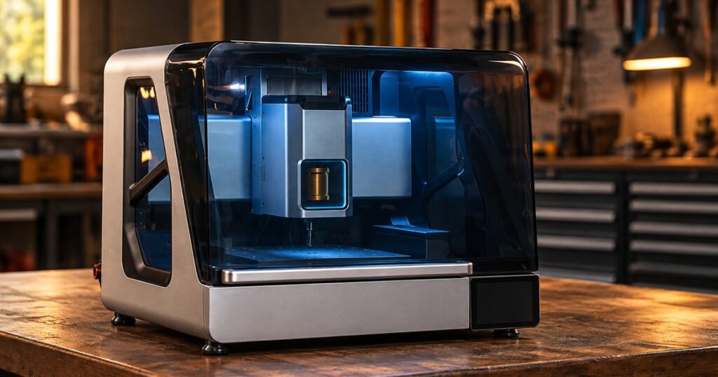 ToolDance X1 enclosed desktop CNC mill on a workshop bench