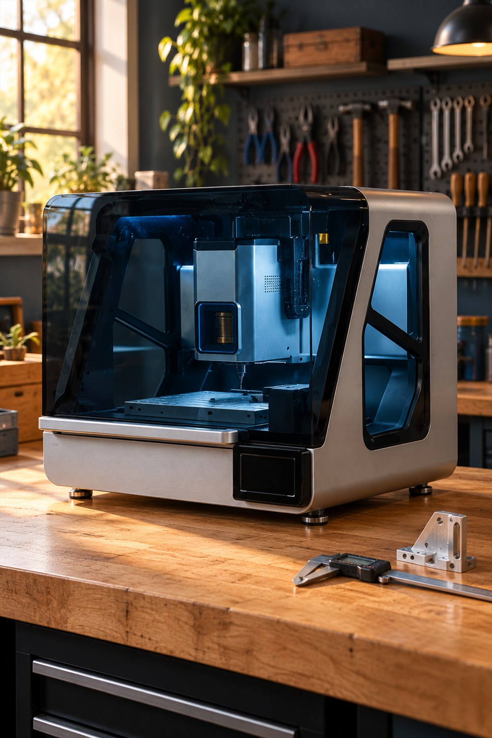 Gray ToolDance X1 desktop CNC mill with a closed dark transparent hood on a wooden workshop bench beside a caliper and aluminum bracket.