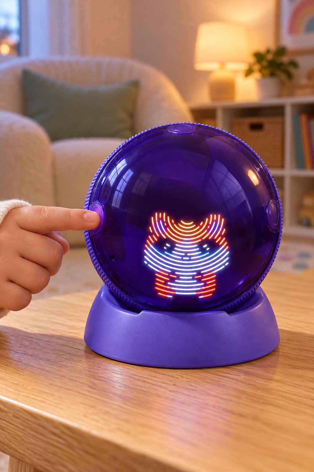 Purple Bitzee Hamster Ball displaying an illuminated hamster on its matching stand as a child touches a circular side control in a cozy playroom.