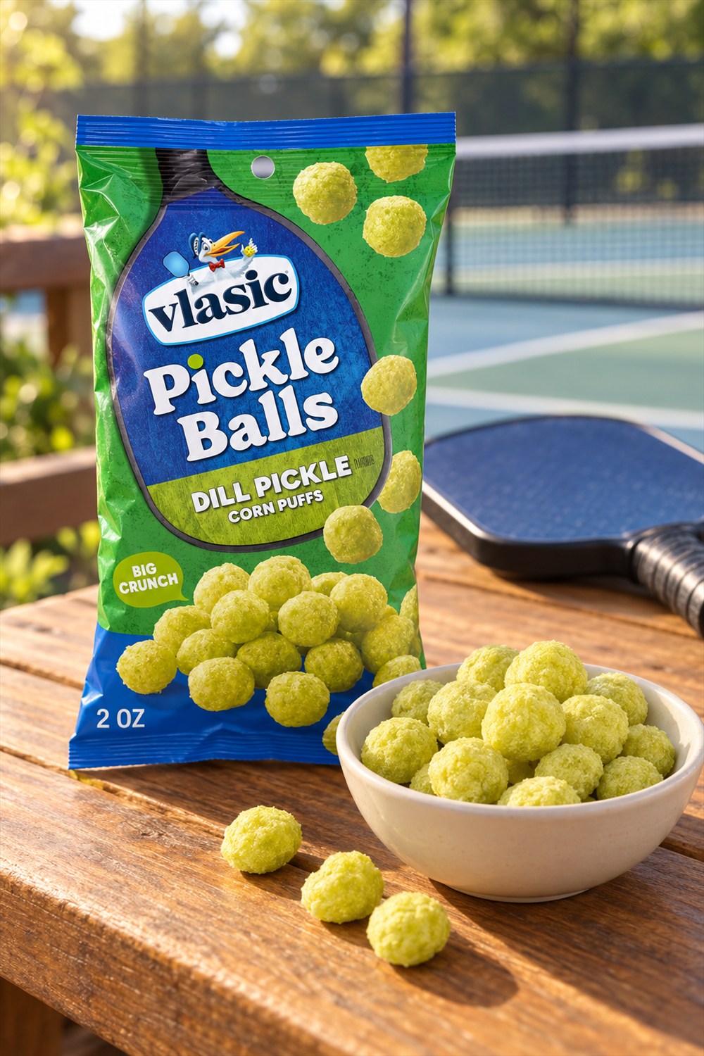 A green and blue bag of Vlasic Pickle Balls dill pickle corn puffs beside a bowl of green puffs on a wooden table by a pickleball court.