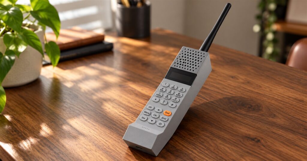 Gray retro Bluetooth brick handset on a wooden desk