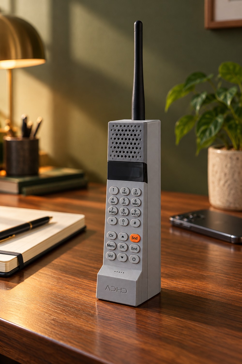 AI-generated lifestyle visualization of an assembled gray ADHD ONE DIY Bluetooth handset with a long black antenna and orange key on a walnut desk beside a notebook and a separate smartphone.