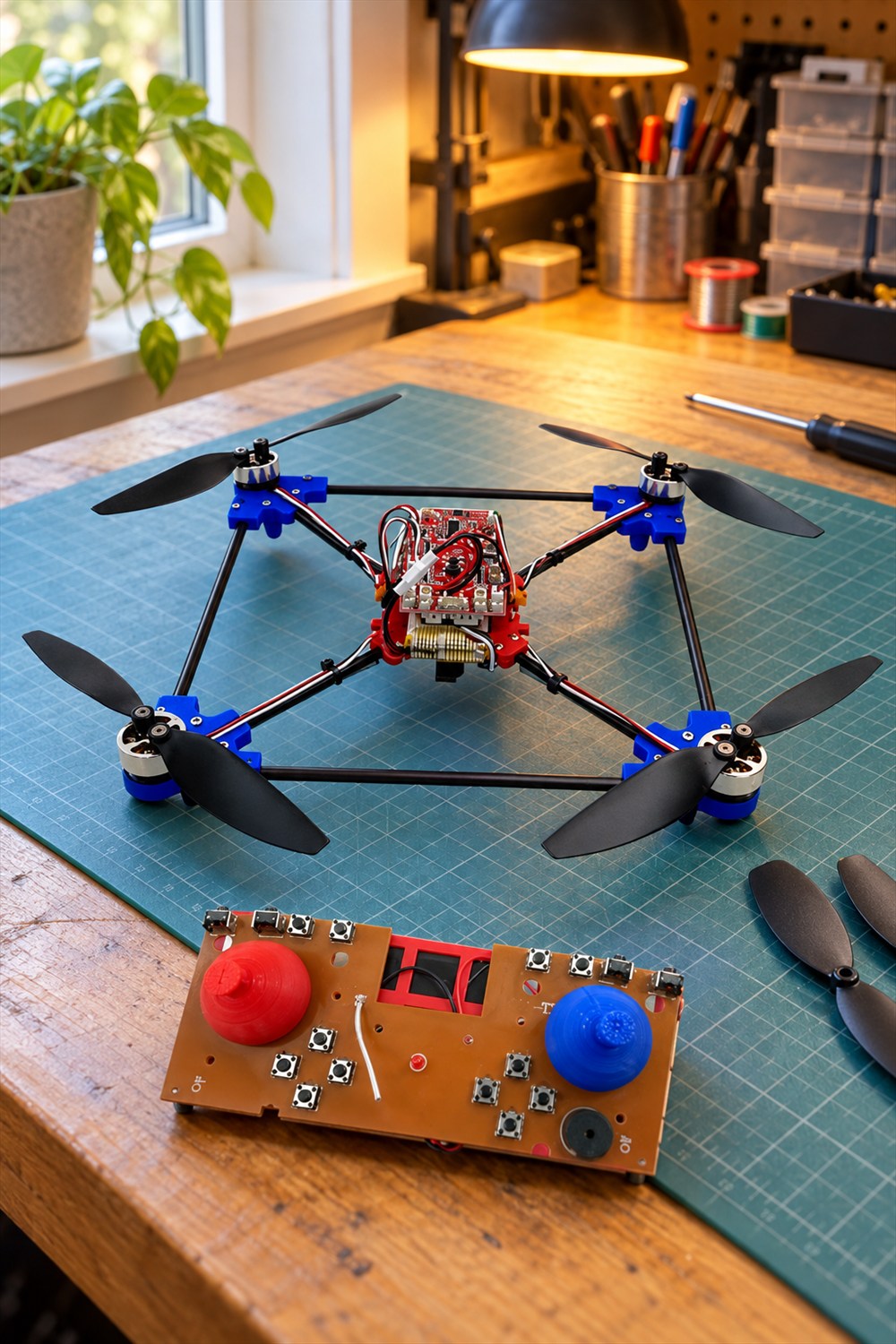 Assembled open-frame quadrotor with blue motor mounts and red electronics beside its circuit-board controller on a hobby workbench.