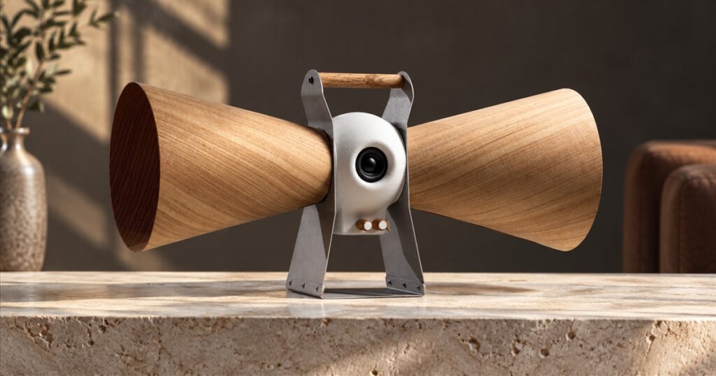 Double-bell wood veneer Bluetooth speaker on a pale stone console