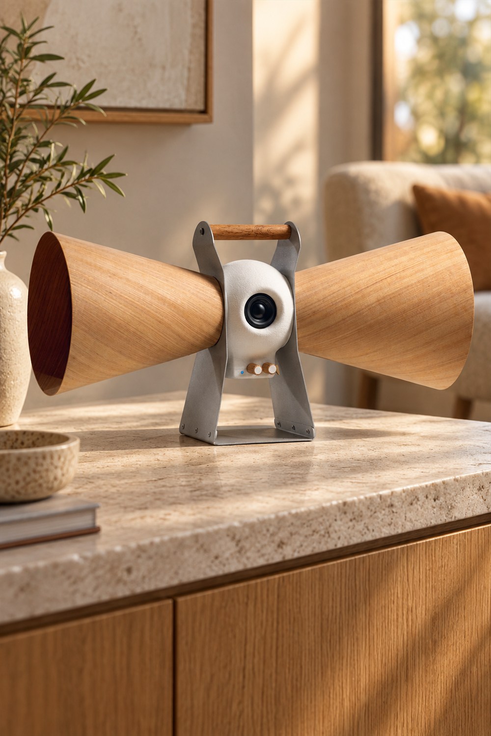 Double-bell speaker with wood veneer horns, a white central driver housing, wooden knobs and an aluminum frame on a stone-topped sideboard.