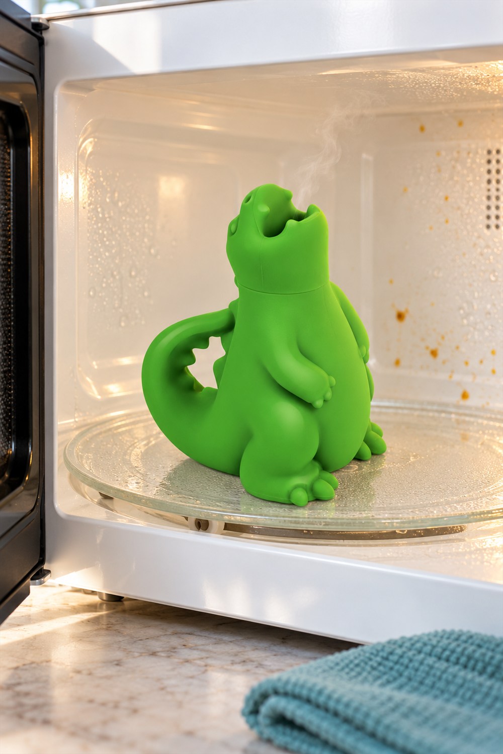 Green silicone dragon steam cleaner standing on a glass turntable inside an open white microwave, with a faint wisp of steam and a teal cloth on the counter.