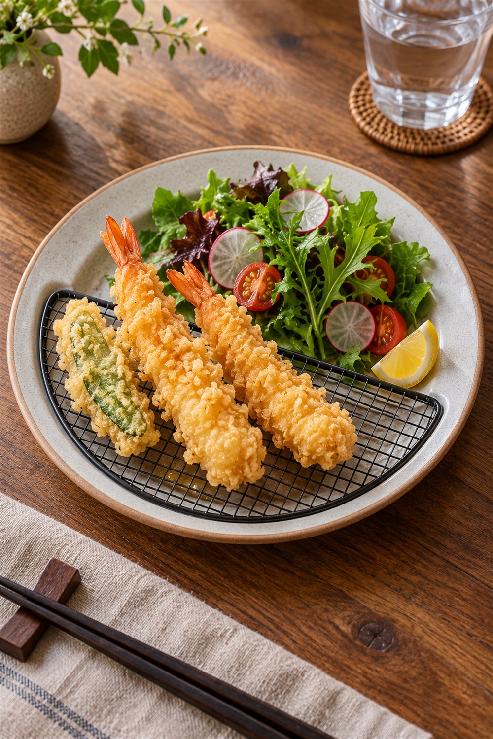 Shrimp and vegetable tempura rest on a black semicircular draining rack over a light gray ceramic plate, with salad and a lemon wedge on the uncovered half.