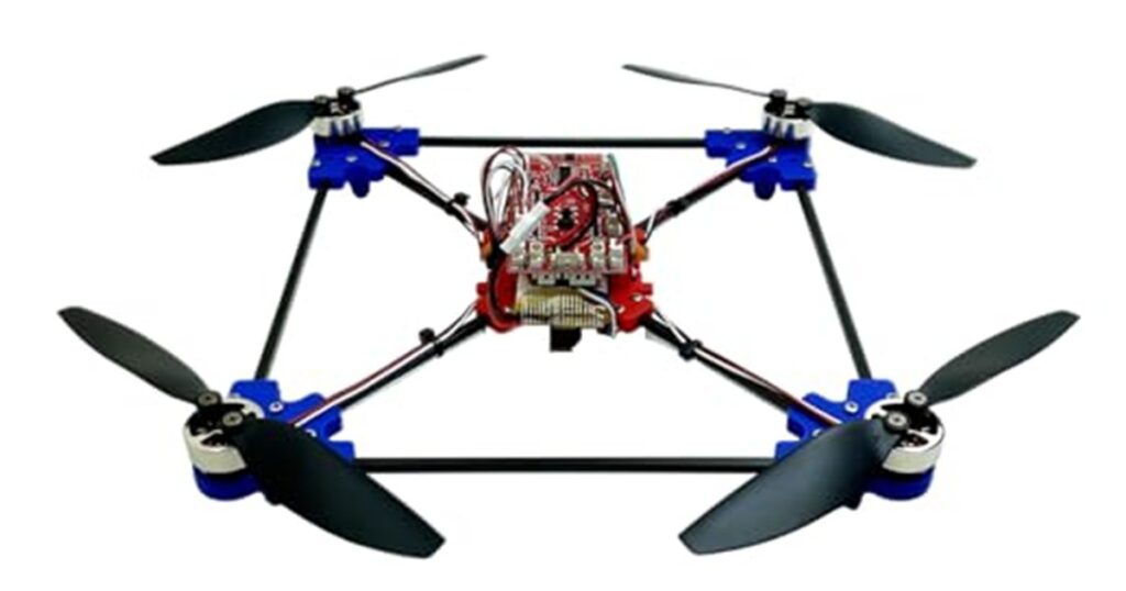 Assembled DIY quadrotor with exposed electronics and four propellers