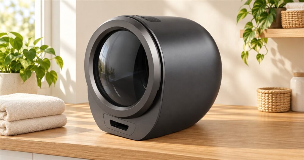 Dark gray countertop clothes dryer in a laundry setting