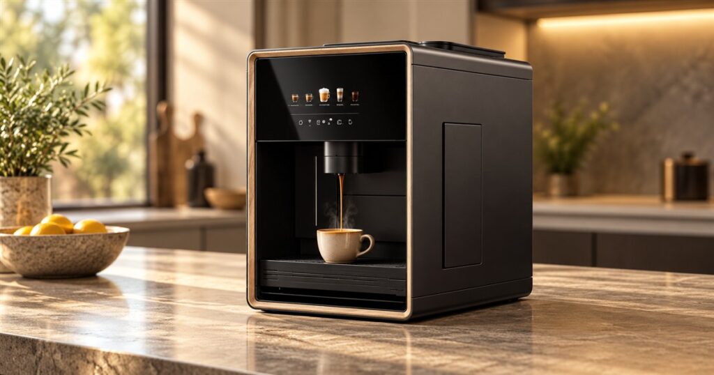 Dual-grinder coffee machine dispensing espresso on a kitchen counter