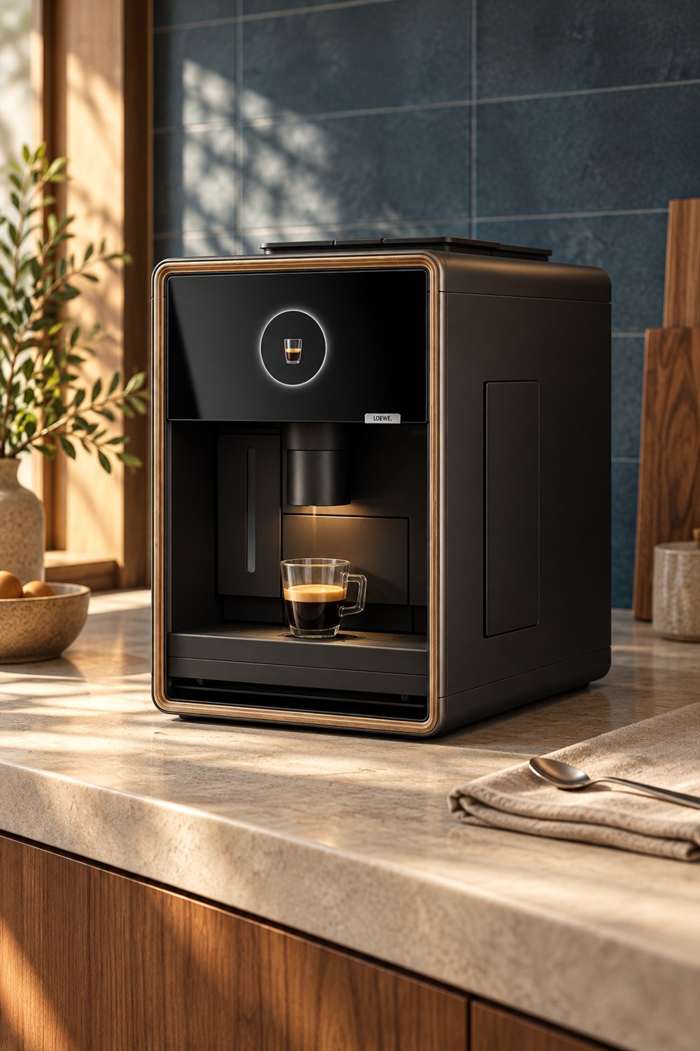 AI-generated lifestyle visualization of the announced Loewe aura.matic coffee machine with its dispensing recess open and an espresso glass on the drip tray in a sunlit kitchen.