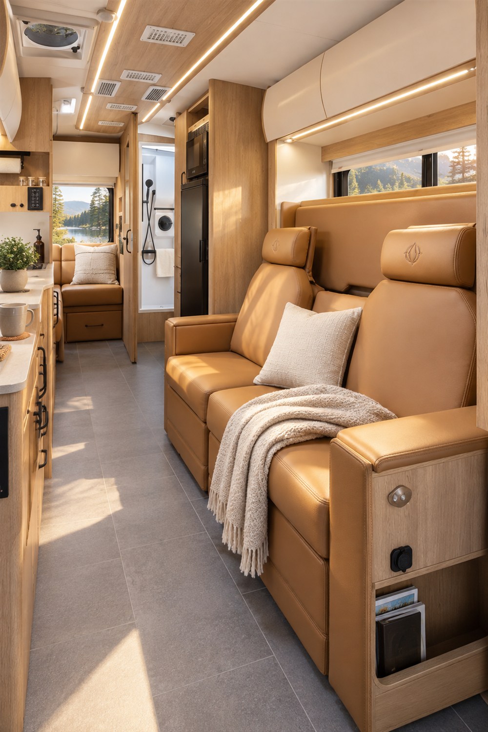 Sunlit Wonder FX motorhome interior with two caramel reclining chairs, pale wood cabinetry, a narrow gray aisle, and rear seating.